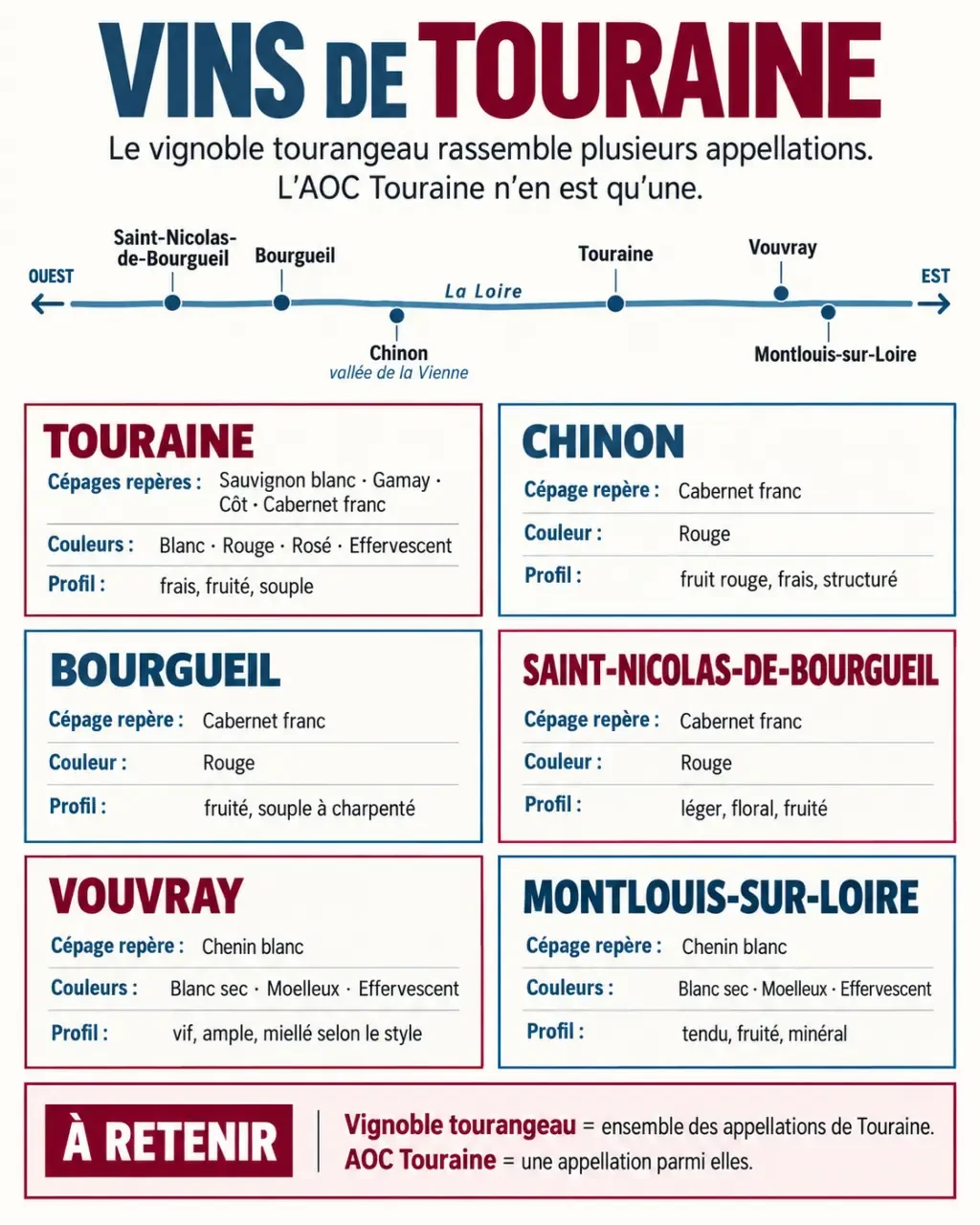 Infographie des appellations et cépages du vin de Touraine
