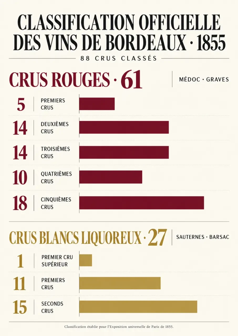 Infographie de la classification officielle des vins de Bordeaux de 1855 avec les niveaux de crus rouges et liquoreux