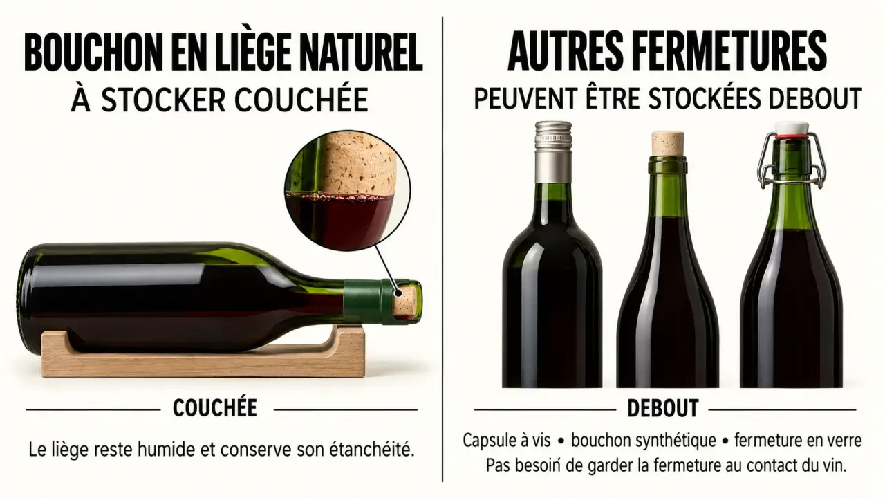 Bonne position des bouteilles pour le stockage vin selon le type de bouchon