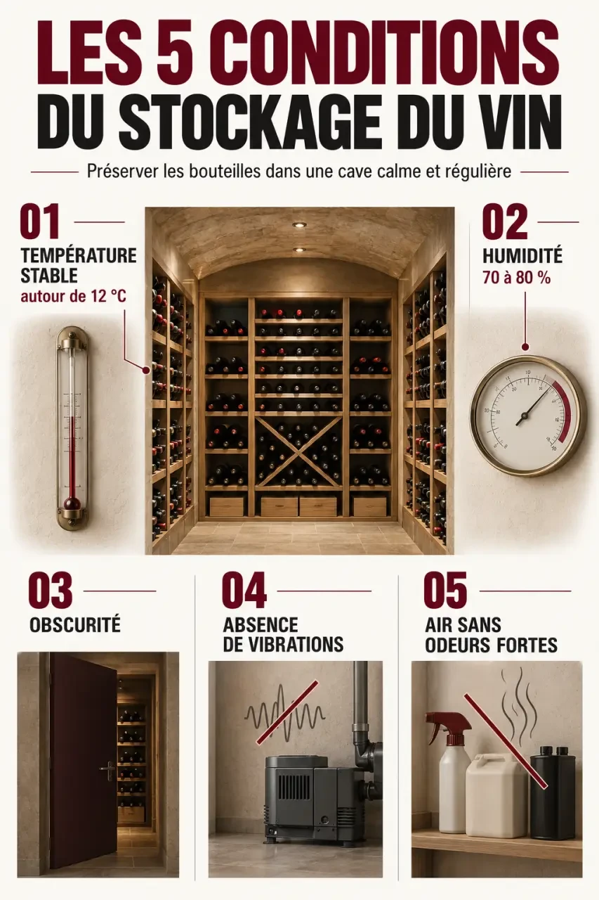 Infographie sur les conditions du stockage vin : température, humidité, obscurité et absence de vibrations