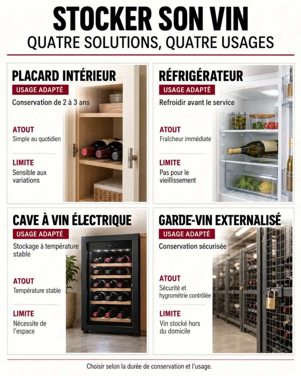 Tableau visuel des solutions de stockage vin avec placard, réfrigérateur, cave à vin et garde-vin