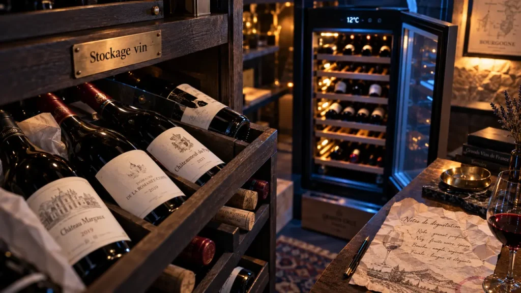 Stockage vin : bouteilles dans un cellier stable avec armoire à température réglée