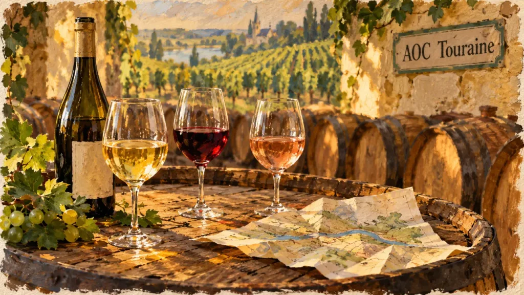 Vin de Touraine : bouteille et verres blanc, rouge, rosé